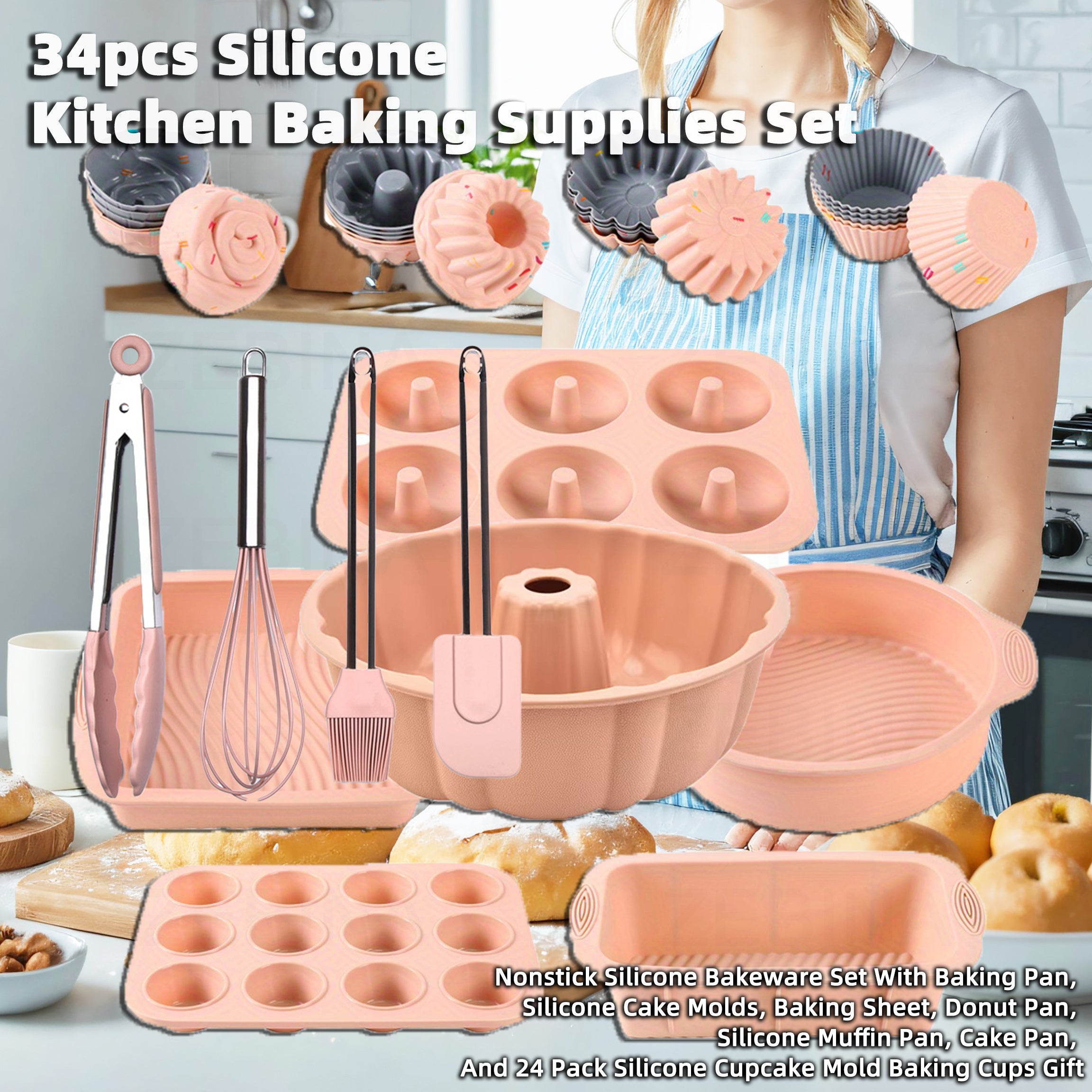34pcs Nonstick Silicone Bakeware Set with Molds and Baking Cups