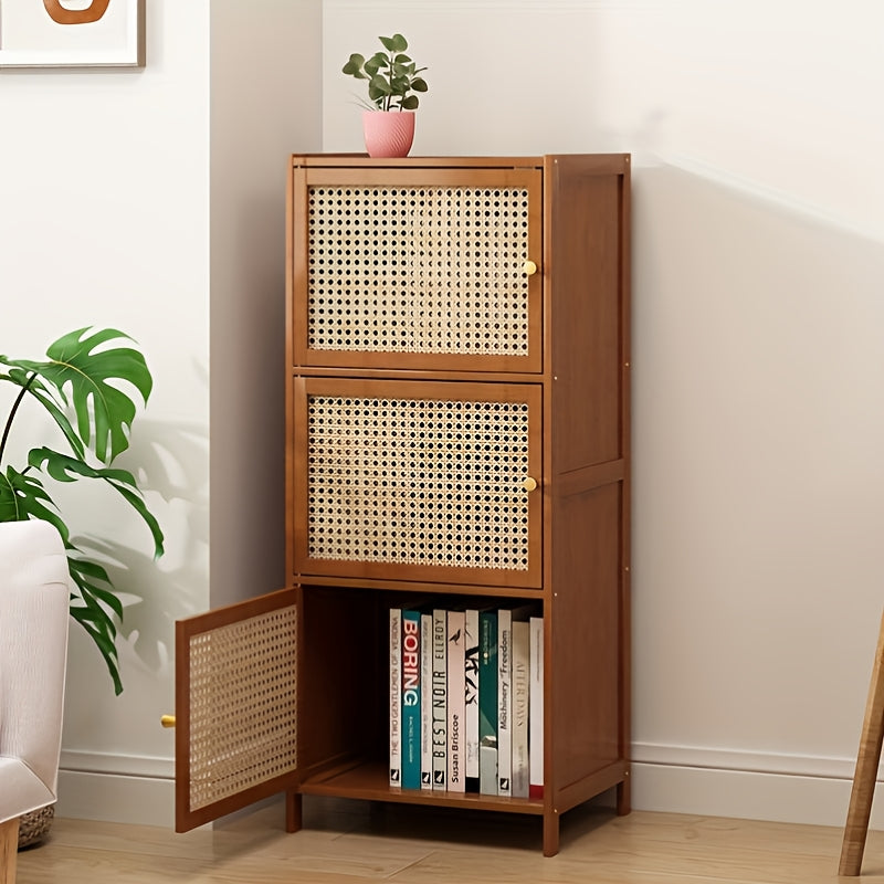 Single 2-Tier Bamboo Bookshelf with Door - Living Room Multi-Layer ...