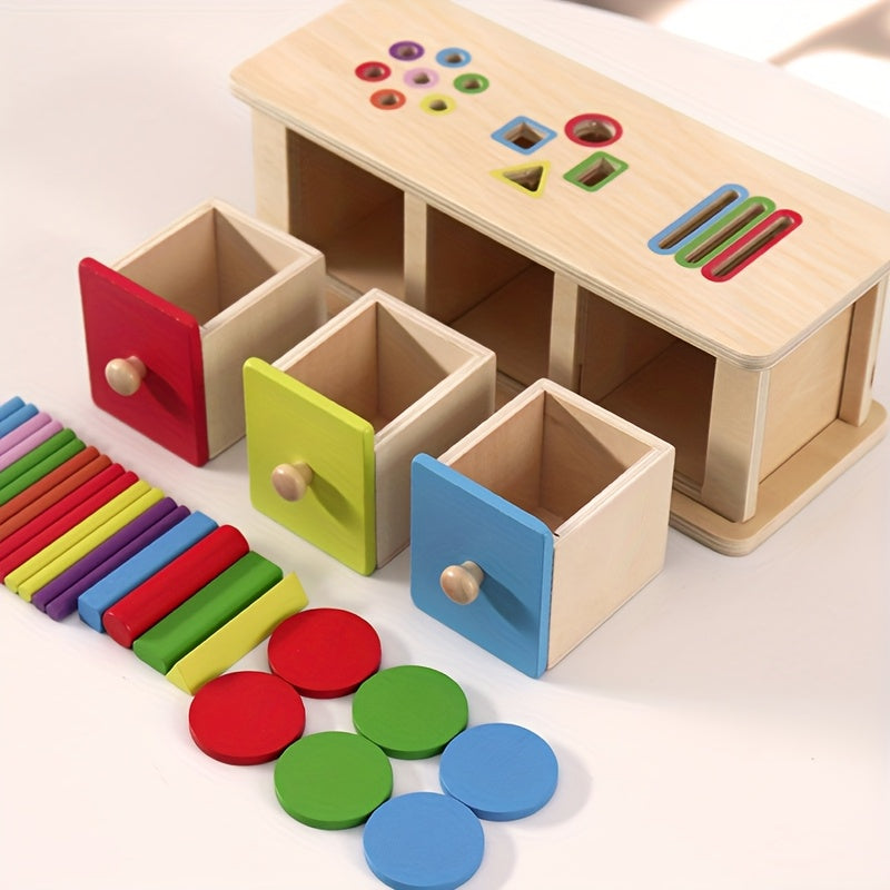 Wooden Drawer Matching Toy - Wood Shape & Color Sorting Box with ...