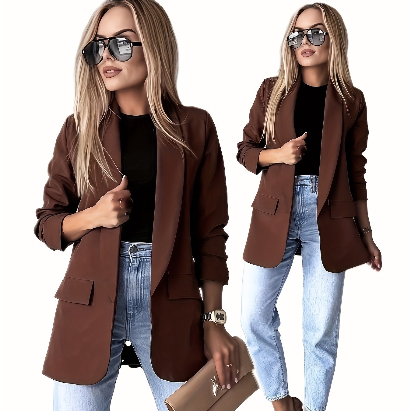 Elegant Women'S Buttonless Blazer, Long Sleeve, Decorative Pocket Flap ...