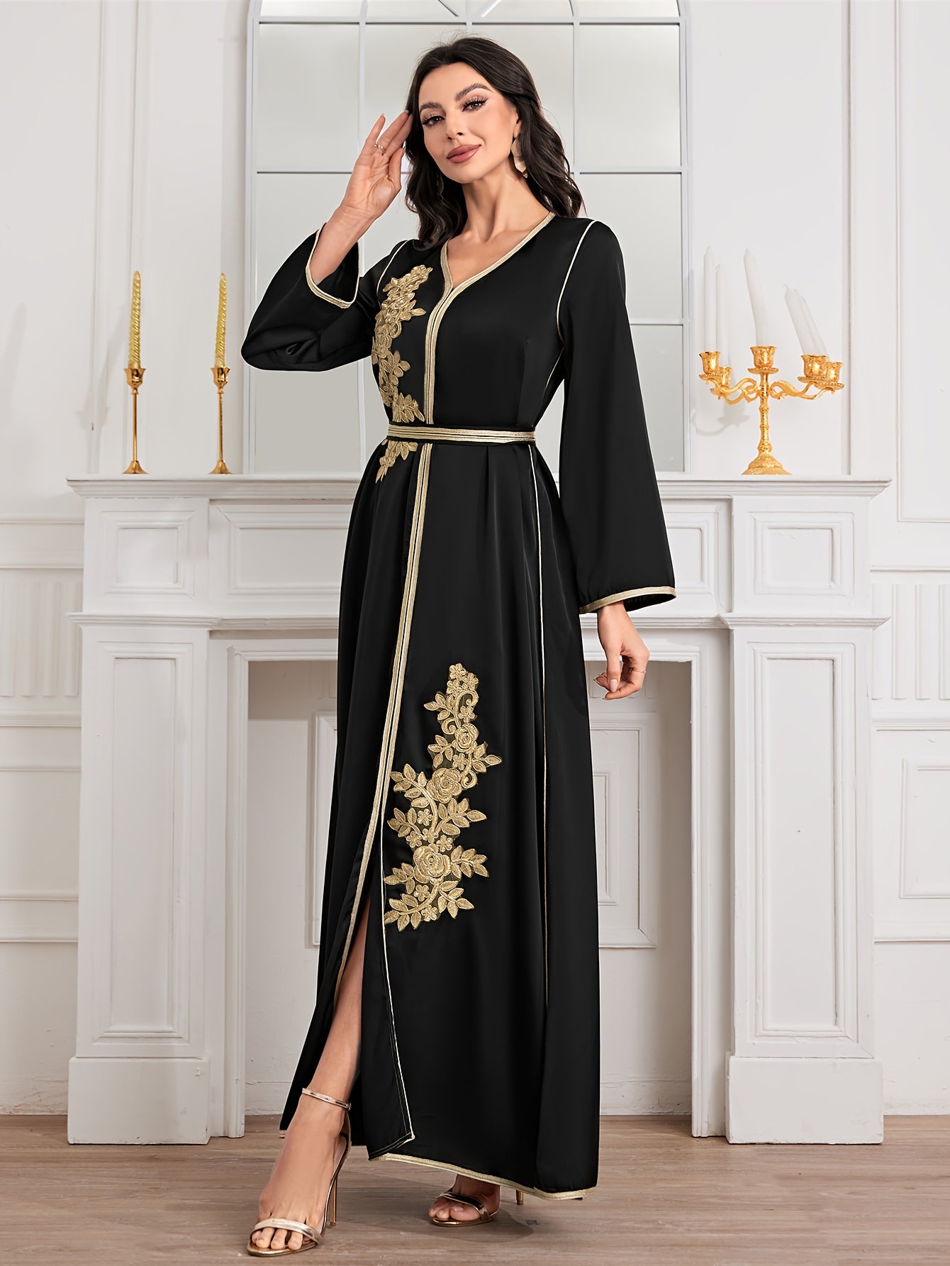 Floral V Neck Kaftan Abayas for Spring Fall – SOOOQ