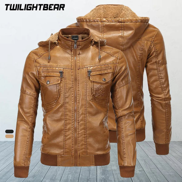 Winter Men's Leather Jackets Male Hooded Fleece Coat