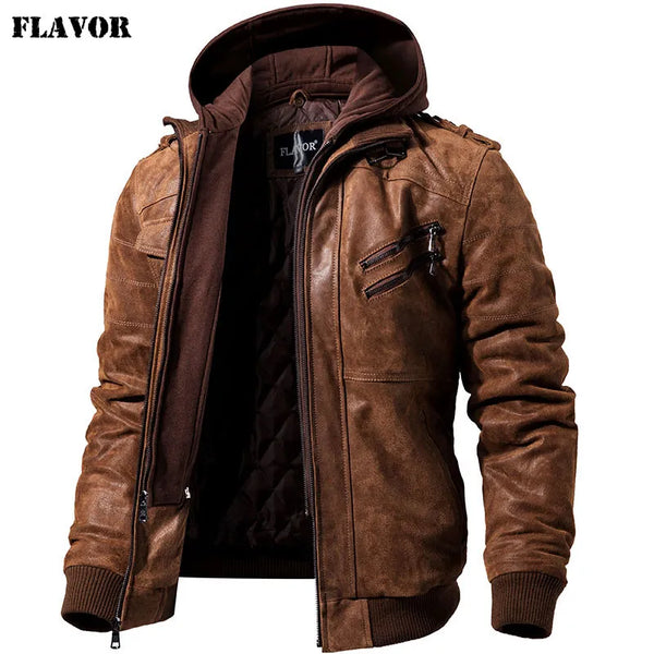 FLAVOR Men's Real Leather Jacket Removable Hood winter coat