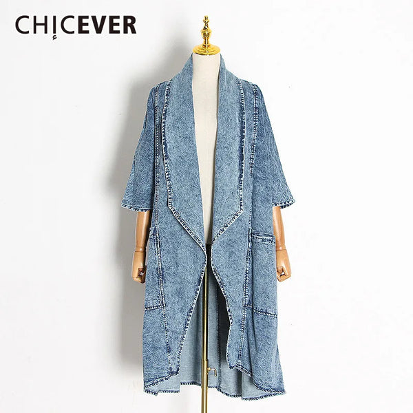 CHICEVER Blue Denim Trench For Women Lapel Batwing Three Quarter Sleeve