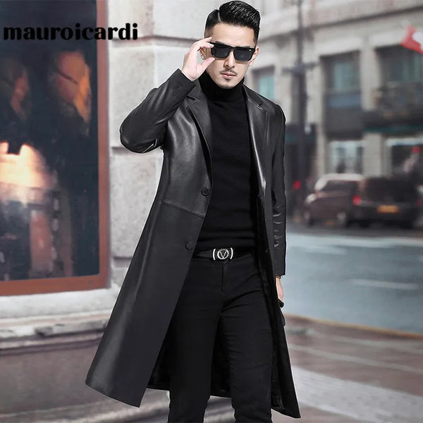 Long Black Men's Leather Blazer Jacket Long Sleeve Lapel Plus Size Coat