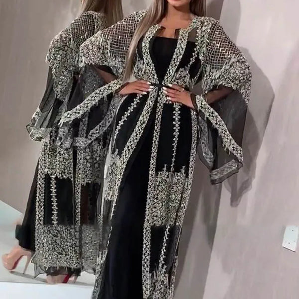 Luxury Abaya Dress Embroidery Lace Sequins 2 Piece Set - T2KZ