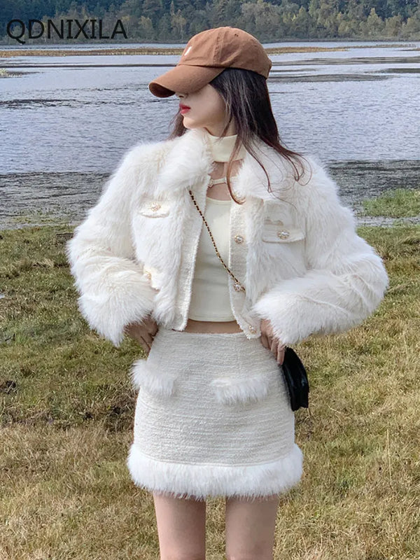 Little Fragrant Style Short Thickened Fur Coat Women's Jacket Two-piece Set Winter Mini Skirt Set Fur Jacket