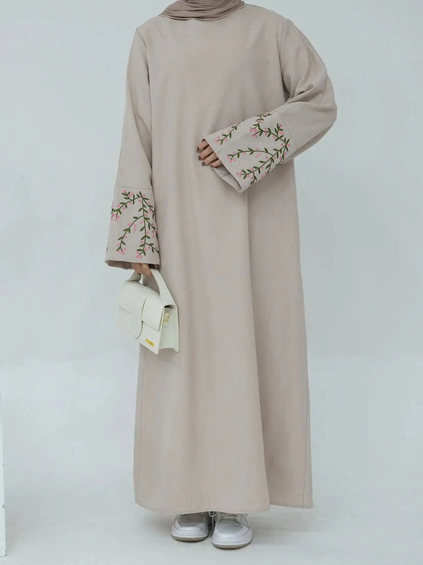 Flowers Embroidery Robe Abaya Full Length With Belt - L3NE