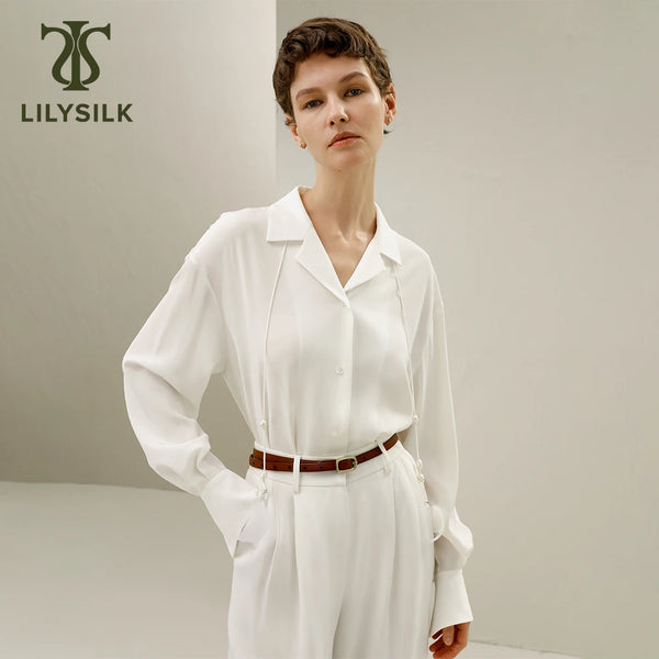 LILYSILK Silk Blouse Removable Tie, Pearl Button Top - EVJS