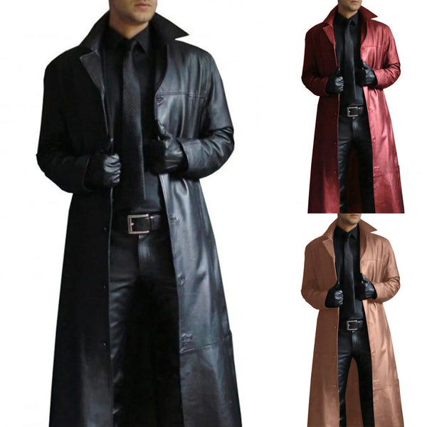 Men's Leather Trench Coat Vintage British Style Windbreaker Handsome Solid Color Slim-fit Overcoat Long Jacket Plussize Outwear