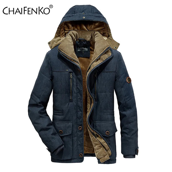 Men's Winter New Windproof Hooded Thick Fleece Warm Parka Men Fashion Brand Coat