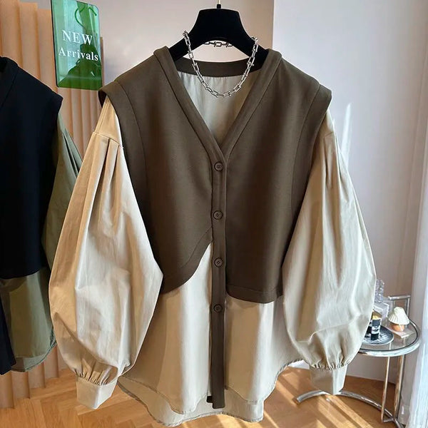 V-neck Retro Two Blouse Women Oversized Shirt - IFMD