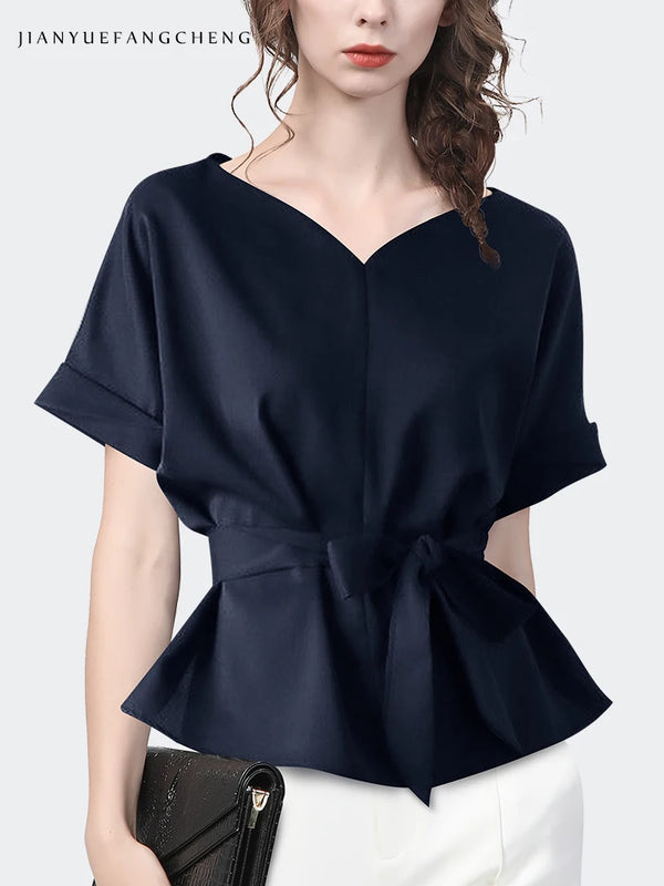 Women' Sweetheart V-neck Short Sleeve Casual Shirt With Belt - EX1L