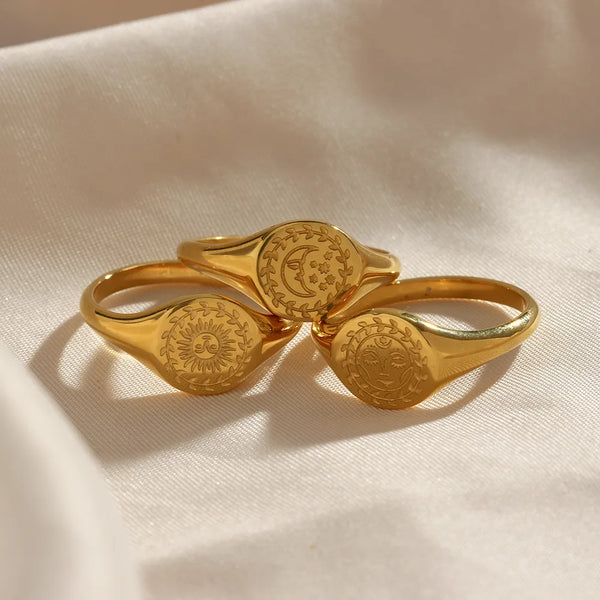 E.B.belle Eagraved Moon/Sun/Star Gold Plated Ring - E3FK