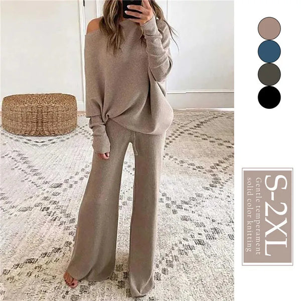 2pcs Winter Pant Suits Women Outfits Knitted Pullover off shoulder Top Wide Leg Pants