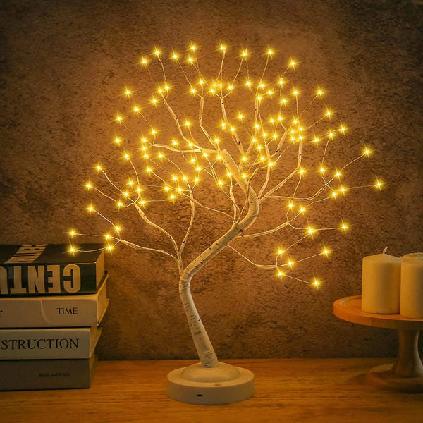 LED Birch Tabletop Bonsai Tree Night Light: Mini Christmas Lamp with 8 Modes, USB/Battery Operated for Bedside and Room Decor