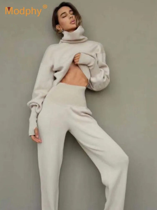 Turtleneck Sweater 2 Pieces Set Women Setchic Knitted Pullover Top & Sweater Pants Jumper Tops Trousers Sweater Suit