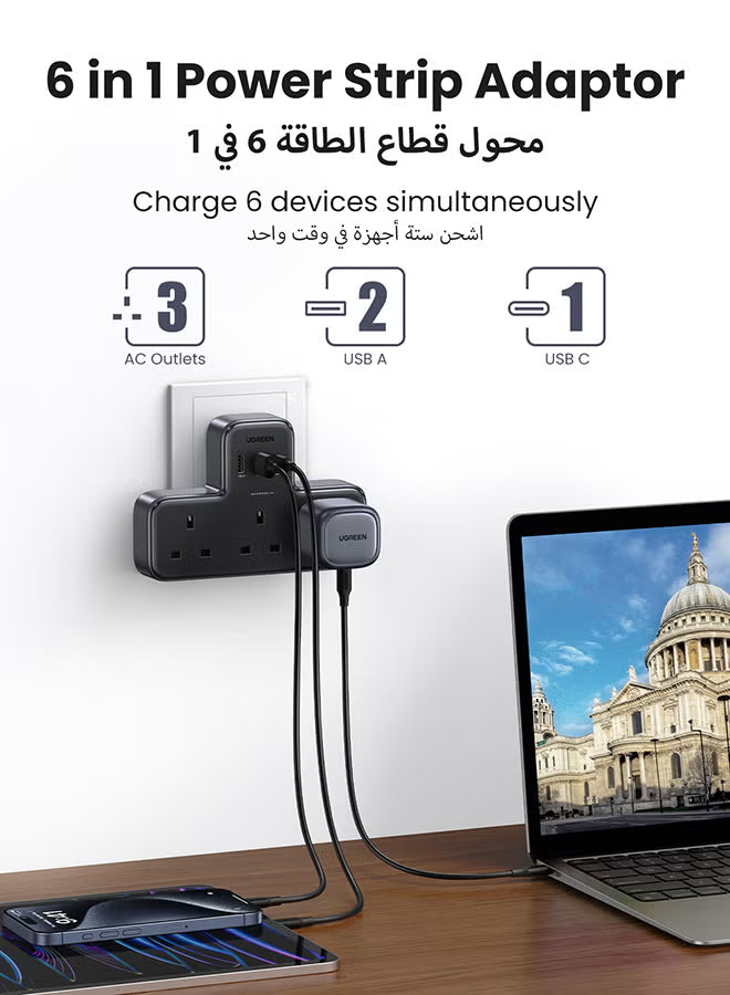 6 IN 1 Power Strip Extension Plug Multiple 3 AC Outlet Sockets, USB C ...
