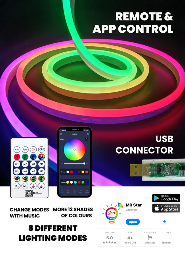 5 Meter Neon LED Strip Light , RGB Light Strip, Music Sync, App & Remo ...