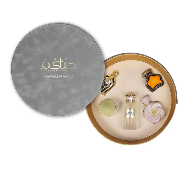 Hayyakum Gift Set By Ahmed Al Maghribi (Oud Couture 100ml, Rose Noir 75ml, Mariya Oud Mubakhar 36g, Supreme Body Gel, Enaque 15)