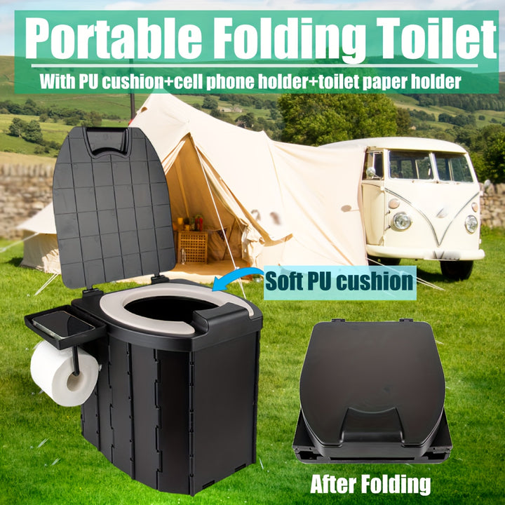 Portable Folding Toilet with PU Cushion Cell Phone Holder And Toilet Paper Holder  Suitable for Camping Rvs Cars And More