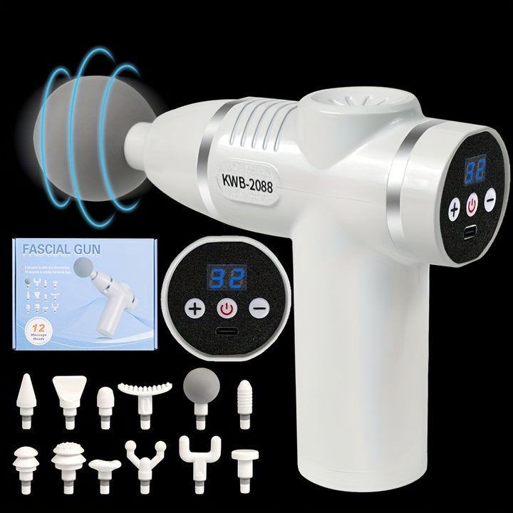Portable Handheld Deep Tissue Massager with 12 Replacement Heads 8Speed Rechargeable Fascia Gun USB Charging 800mAh Lithium Battery Whole Body Massage for Travel Office Home Ideal Gift for Family Friends Athletes