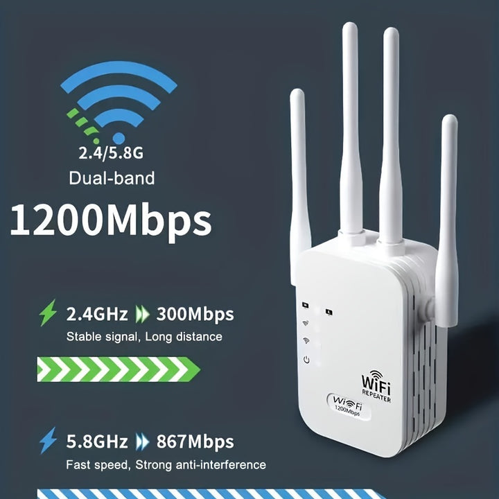 WiFi Extender Signal Booster Boost Your Signal to 300Mbps WiFi 24  5GHz Dual Band 8500 Square Feet Strong Signal Penetration Supports 35 Devices 4 Modes 1Tap Setup 4 Antennas for 360 Coverage Ethernet Port Supported