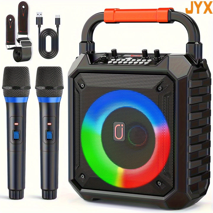 2024 The Brand New JYXT17 Ultra Bass  Treble Wireless Speaker with 2 Wireless Microphones Portable PA System for Party with LED Lights Karaoke for FamilyAdults Support USBTF CardAUXREC