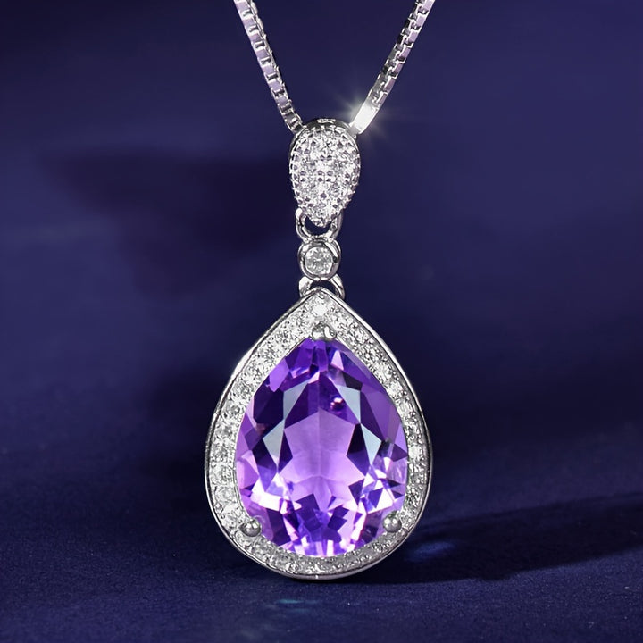 Elegant 925 Sterling Silvery Necklace with Natural Amethyst Pendant Teardrop Shape Fashionable Minimalist Design 45cm Chain  Perfect Gift for Mom on Special Occasions