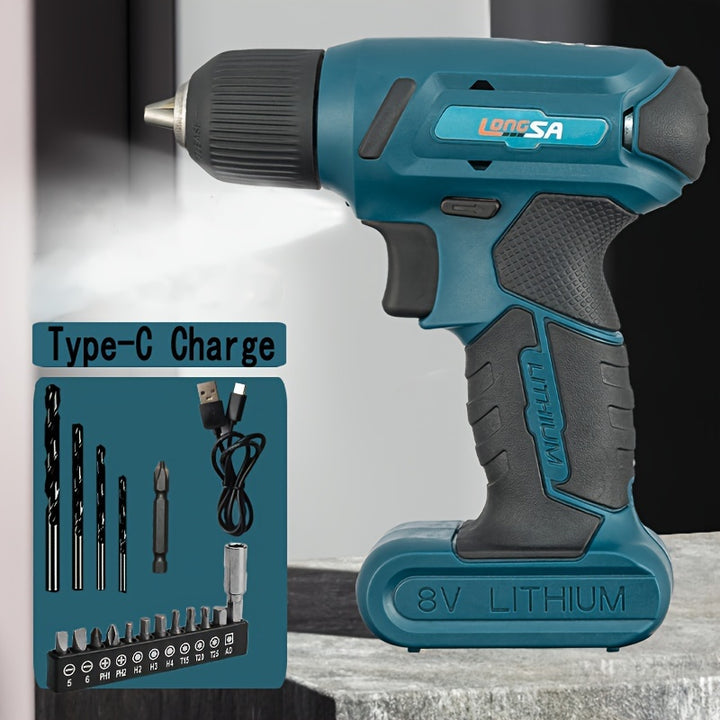 1set Of Accessories 8V Lithium Drill Mini Electric Drill Cordless Drill USB Charging Screwdriver Screwdriver Lithium Electric Drill LED Lighting Electric Drill Electric Tools For DIY Projects DIY Drill