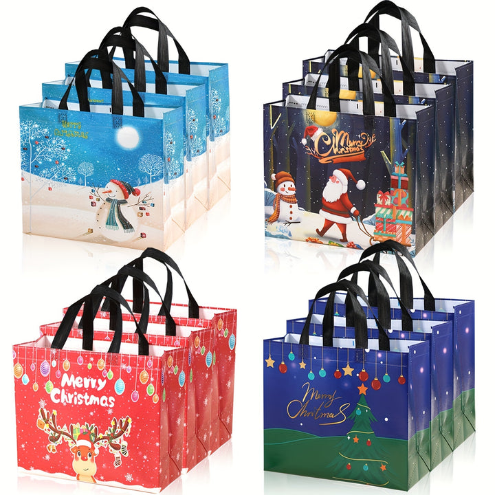 12Pack Christmas Gift Bags with Handles Large Reusable Shopping Tote Bags with Santa Christmas Tree Snowman Merry Christmas Designs Foldable Waterproof Woven Tote Bags for Christmas Party and Holiday Surprises