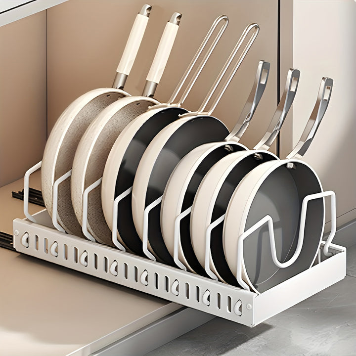 PullOut Kitchen Cabinet Organizer for Pots and Pans Adjustable Metal Pot Lid Holder with 8 Dividers SpaceSaving SlideOut Shelf Storage Solution