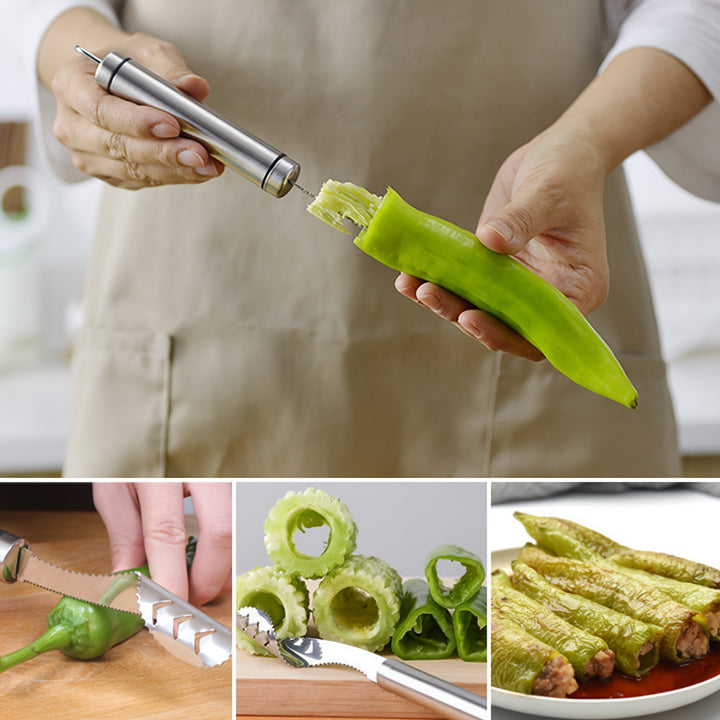 HANYUE 1pc 10pcs Round Handle Stainless Steel Pepper Seed Remover 1pc Double Line Antislip Handle Green Pepper Bitter Gourd Seed Remover