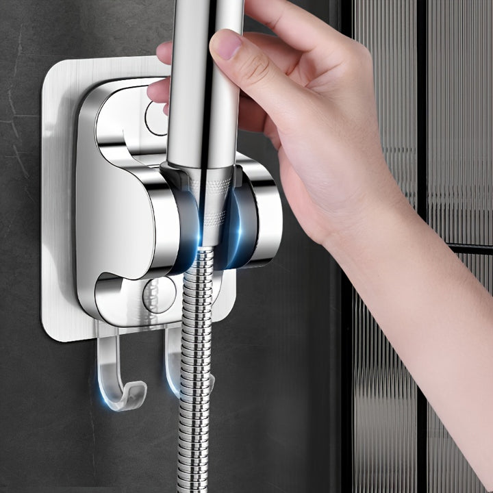 1pc Adjustable NoDrill Shower Head Holder With Towel Hook Design 80x125 Cm Chrome Plastic Wall Mount Bathroom Spray Bracket Shower Head Fixed Base Bathroom Accessories