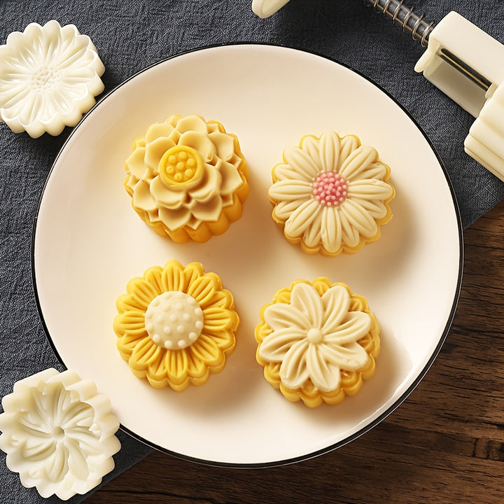1Set Flowers Moon Cake Mold Including 1 Mold And 4 Stamps DIY Hand Press Moon Cake Stamps Mung Bean Cake Mid Autumn Festival Pastry Mold Flower Shaped Moon Cake Maker Baking Tools Kitchen Gadgets