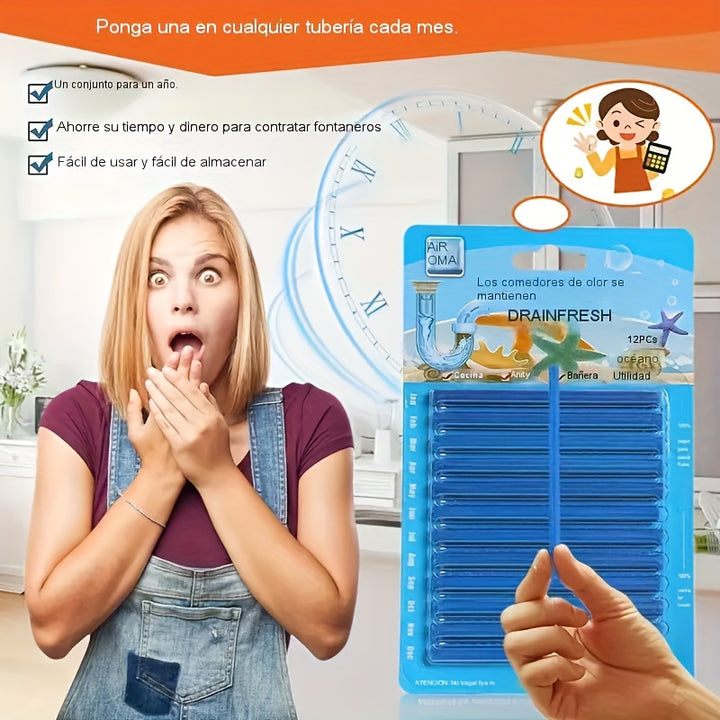 12pcs Air OMA Drain Cleaner Sticks  Odor Eliminator  Clog Remover for Kitchen Bathroom and Toilet Sinks  No Batteries Required Essential Home Cleaning Supplies