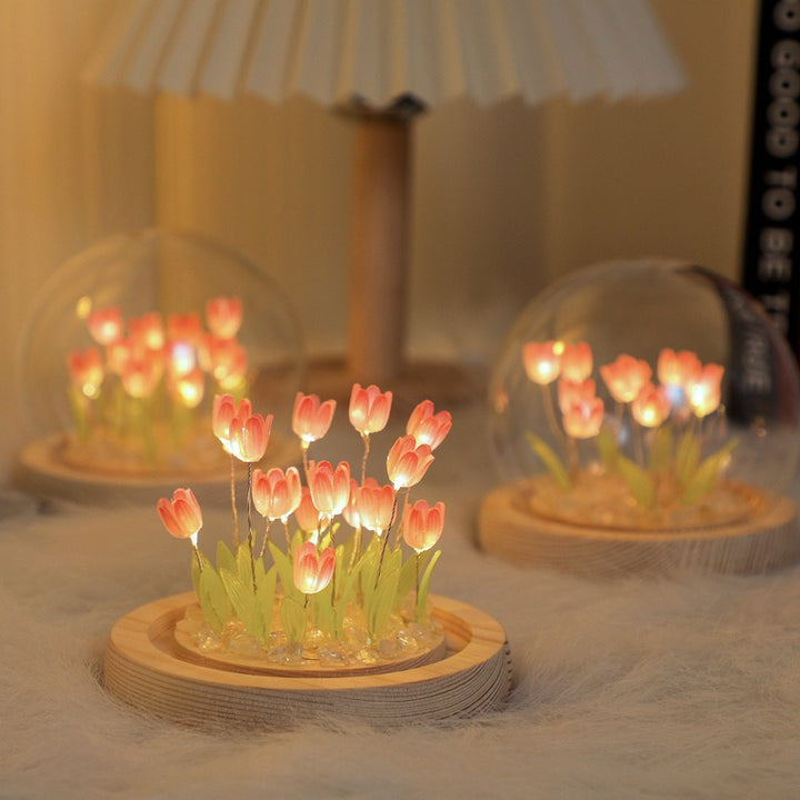 1pc DIY Tulip Night Lamp Handmade Flower Table Lamp With Glass Dome Cute Bedroom Sleep N7L3