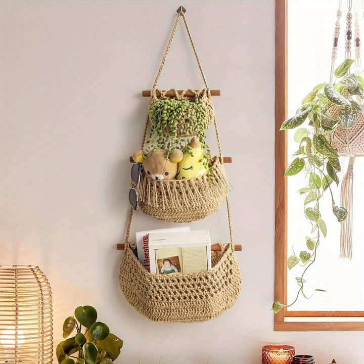 Hanging Fruit Basket Kitchen Threelayer Wallmounted Woven  AZE2