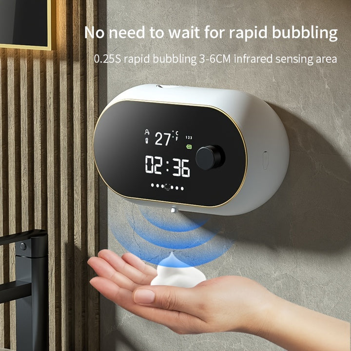 1pc Smart Automatic Foaming Soap Dispenser  USB Wall Mount Adjustable Foam Large Capacity Automatic Soap Dispenser Touchless Rechargeable Sensor Soap Dispenser With LED Screen Smart Electric Wall Auto Soap Dispenser For Bathroom Kitchen