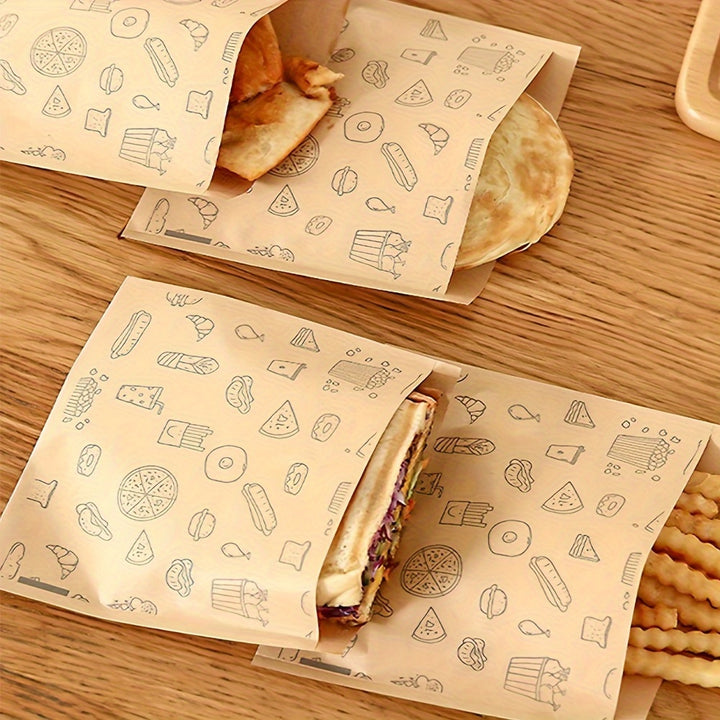 100pcs OilProof Kraft Parchment Paper Bags for Food Disposable Bakery Bread Sandwich Hamburger Snack Packaging with NonStick Design for Restaurants and Home