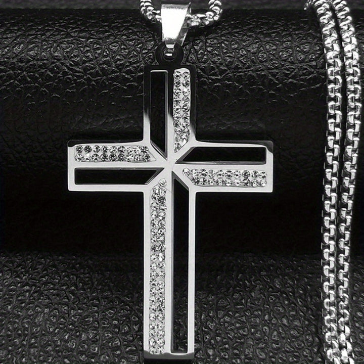 Stainless Steel Cross Pendant Necklace with Rhinestone Accents  Fashionable HipHop Style Golden Finish