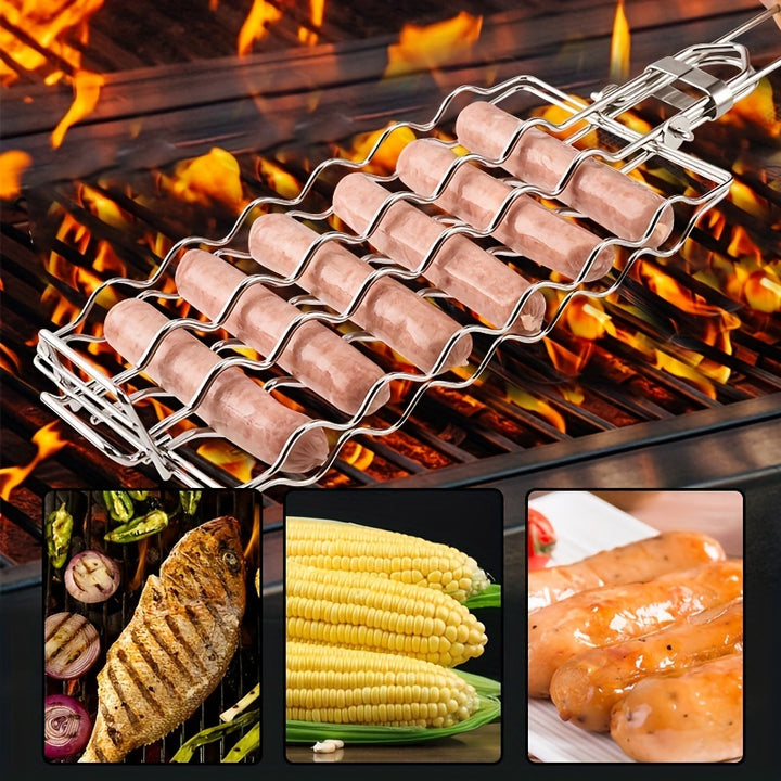 1pc Stainless Steel Sausage Roller Rack Detachable Grill Net Clip with Beech Handle Versatile BBQ Accessories for Camping Thanksgiving Halloween Christmas  Corn Kebab Meat Grilling Tool