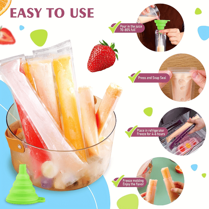 100Pack PhthalateFree Plastic Disposable Ice Pop Mold Bags with Zip Seals  Includes Funnel Ideal for Juice Fruit Smoothies and Ice Candy Pops  Kitchen Accessories for Summer