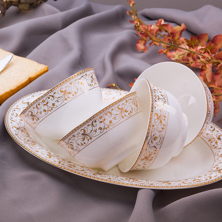 GoldenTrimmed Porcelain Dinnerware Set  Microwave  Dishwasher SafeQTFA