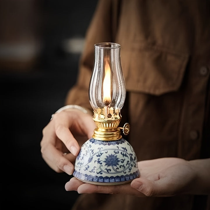 1pc Blue and White Porcelain Oil Lamp Ceramic Candle Holder for Altar Decorative Tabletop Light Outdoor Camping Lantern Indoor Decor Emergency Light Christmas Festive Lighting Vintage Metal Finish No Power Required