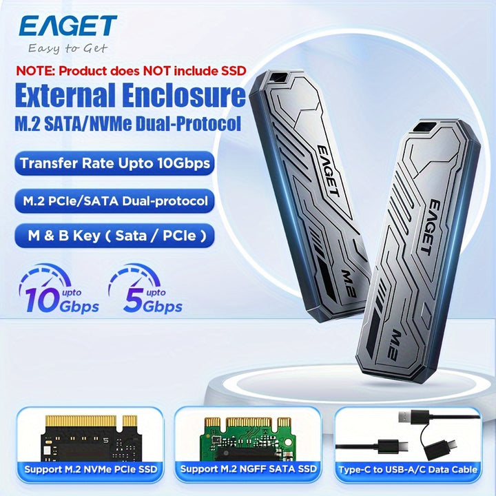 EAGET External M2 SATA  NVME SSD Enclosure Adapter Portable ToolFree USB 32  TypeC Compatible Suitable for SSD Sizes 2230224222602280 SSD Not Included