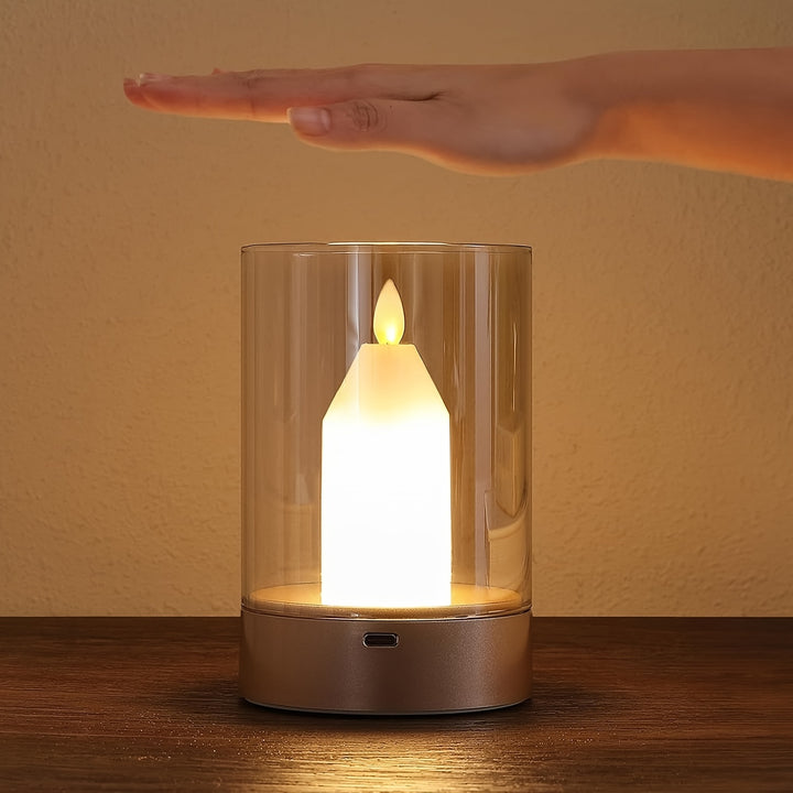 1pc Dimmable Flameless Glass Candle Lamp With Motion Sensor Control Rechargeable Cordless Night Light For Bedroom Restaurant Cafe Warm Light Table Lantern