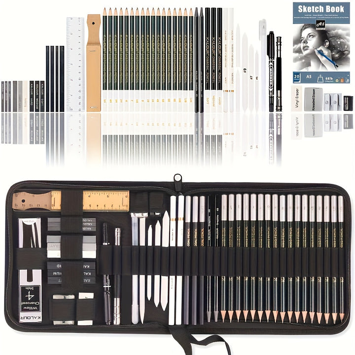 KALOUR 54Pack Sketch Drawing Pencils Kit With Sketchbook Include Graphite Charcoal Pencils And Artists Tools Pro Art Drawing Supplies Ideal For Sketching Shading
