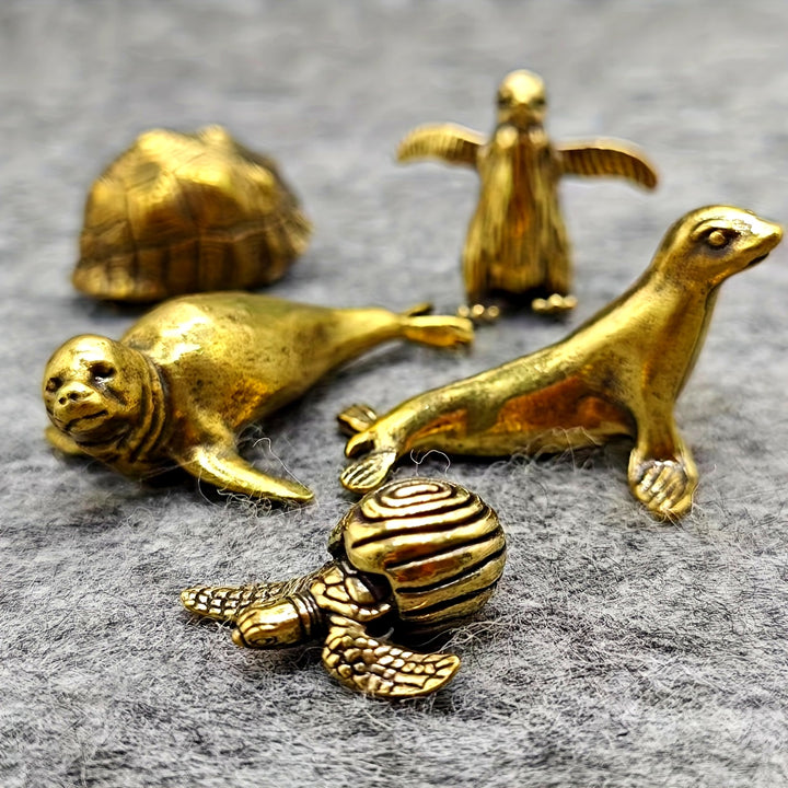 Vintage Oceanic Trio Figurines  Exquisite 3D Cast Metal Sea Leopard Turtle  Penguin Decorations for Home and Office Desk with Unique Textured Finish and Colorful Details