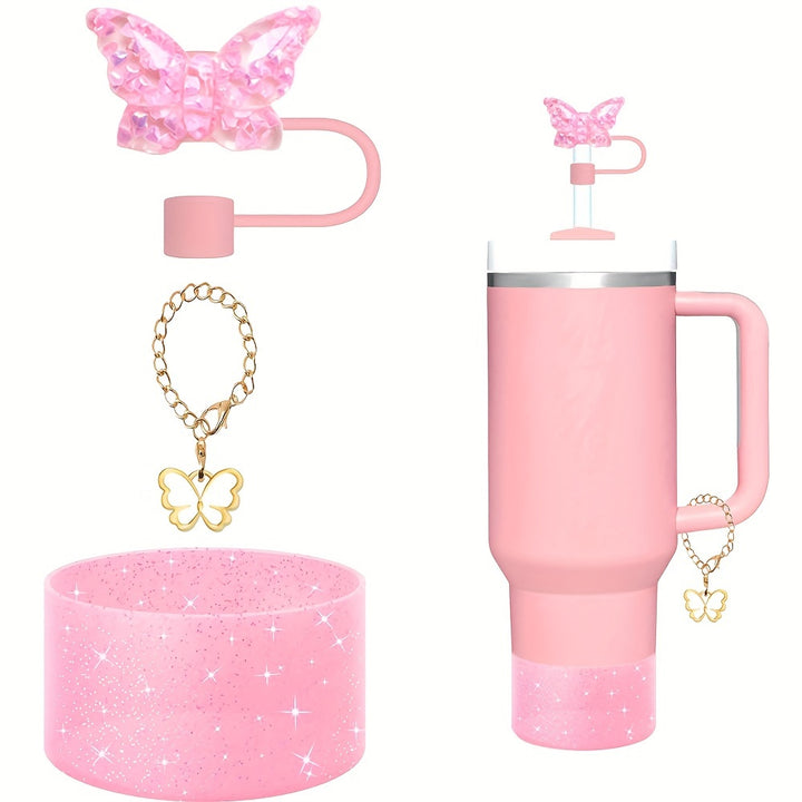 3Piece Cup Accessory Set  Silicone Butterfly Chain Silicone Boot and Straw Covers for Tumblers  Personalized Water Bottle Decorations